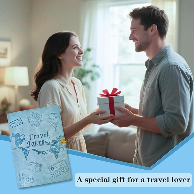 Travel Journal for Women Men and Couples, Leather Travel Notebook with Prompts, Travel Memory Book & Adventure Book (Blue)