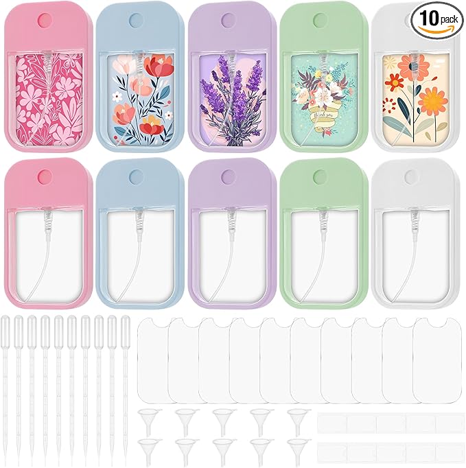 10 Pack Sublimation Blanks Card Perfume Spray Bottle 45 ml Mini Portable Sprayer Bottle with Funnel Perfume Dispenser 10 PCS Double-Sided Sublimation Aluminum Sheets for Travel