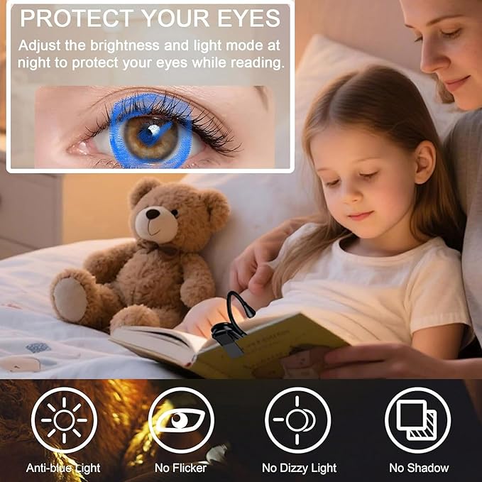 Minsk Portable Rechargeable Book Light, Clip On Reading Lamp with 360° Flexible Neck, Eye Caring 3 Color Dimming Light, Compact Lightweight Reading Light for Travel, Camping, Bed, Study
