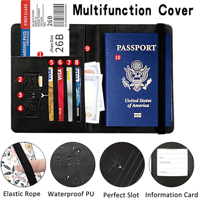 Passport Wallet, Passport Holder with RFID Blocking and Luggage Tag, Waterproof PU Leather Travel Documents Organizer Case, Passport Covers with Card Slot for Women & Men, Flower Pattern Passport Book