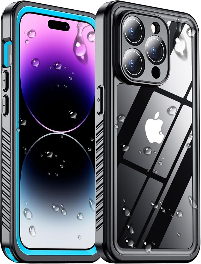 Compatible with iPhone 14 Pro Max Case Waterproof, Built-in Screen & Camera Protector IP68 Underwater Full Body 14FT Military Dropproof Shockproof Phone Case 6.7"-Blue/Clear