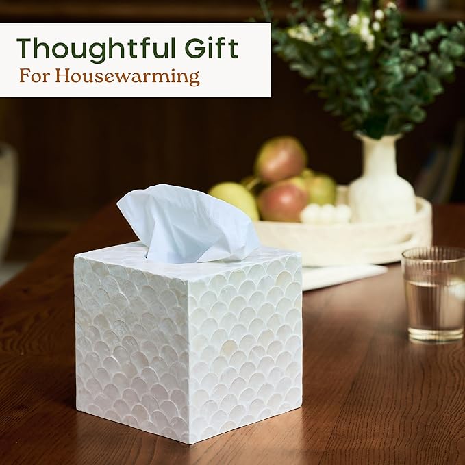 CHI AN HOME 5.5” Capiz Tissue Box Cover, Square Decorative Tissue Holder with Bottom Slider, Handmade Bathroom Accessories, Elegant White Cube for Vanity, Bedroom, Office & Coastal Décor (Natural)