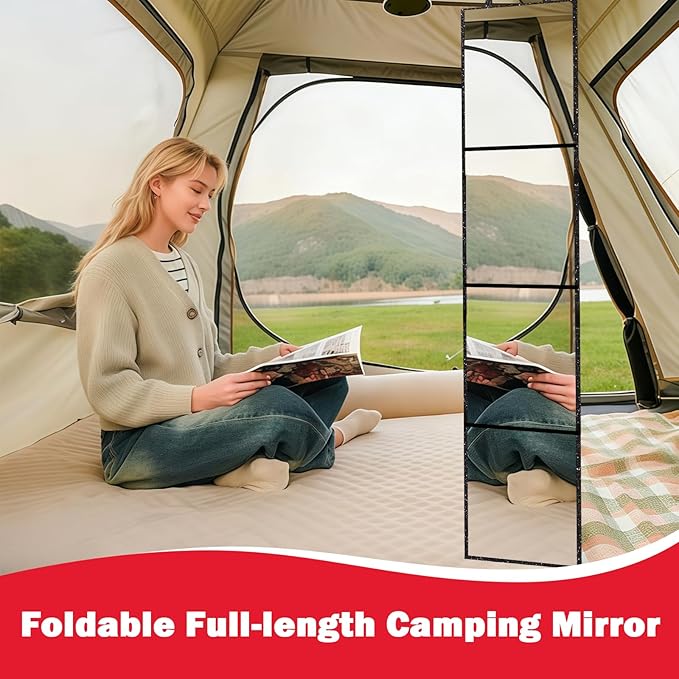 Foldable Full Length Mirror, 2 in 1 Hangable & Tabletop Acrylic Mirror, Portable Travel Mirror with Handle for Dance Bedroom Wardrobe Stage Makeup Checks Camping Outdoor Use (47" x 12.5", Four-Fold)