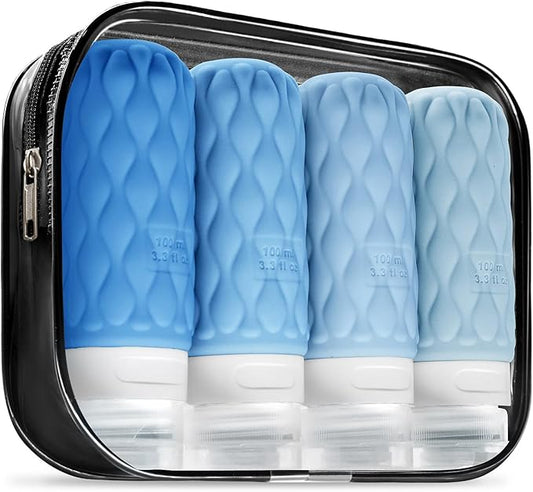 100 ml Silicone Travel Bottles for Toiletries with Labels/Clear Bag, Holiday Travel Essentials Leakproof Refillable Squeeze Travel Size Containers Set for Shampoo and Conditioner
