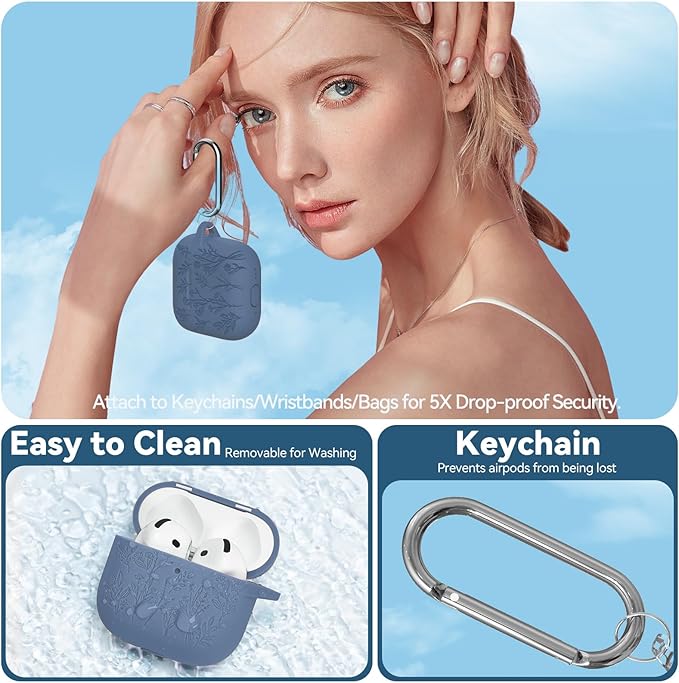 for Airpods 4 Case with Magnetic Lid, Ekoonpft Flower Engraved Cases for Apple AirPods 4th Generation 2024, Soft Silicone Cover for Women Girly with Cleaning Kit & Keychain, Shockproof