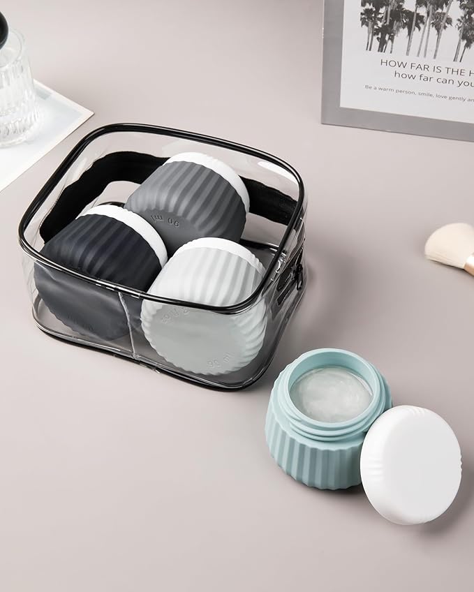 Mrsdry Travel Containers for Toiletries 4 Pack, TSA Approved Travel Size Toiletries, Travel Size Containers, With Clear Bag Leak Proof Silicone Jars, Travel Essentials Creams Jars Carrying Small Items