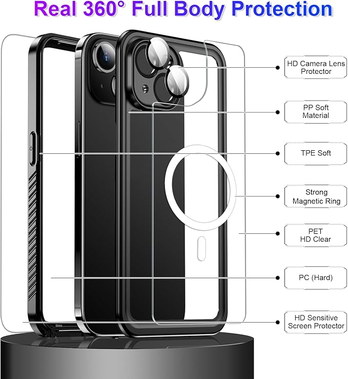 Compatible with iPhone 14 Case Waterproof, Built-in Screen & Camera Protector IP68 Underwater Full Body 14FT Military Dropproof Shockproof Phone Case 6.1"-Black/Clear-Mag