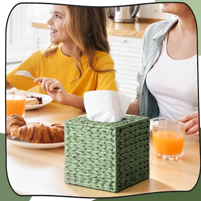 Sage Green Tissue Box Cover Square Natural Paper Rope Hand Woven Tissue Box Holder for Bathroom Living Room Bedroom Kitchen Table Desk Office Boho Home Decor