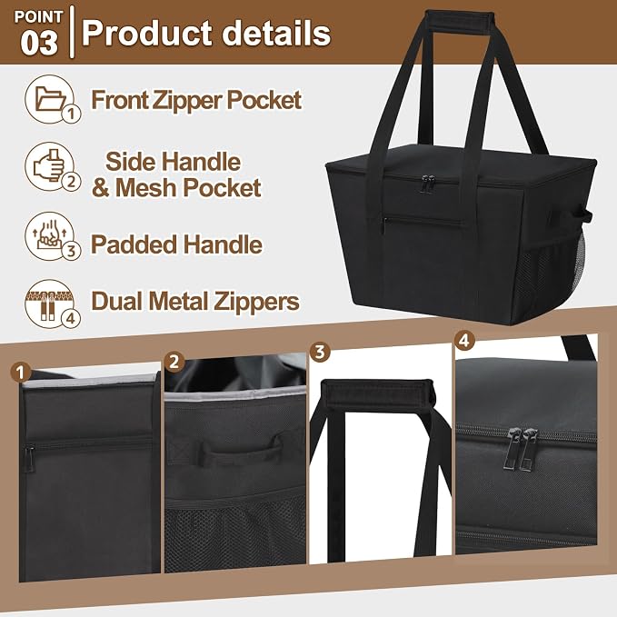 Reusable Grocery Bag – Expandable Insulated Cooler Bag with Bottom Board, Collapsible Insulated Shopping Bag with Zipper & Drawstring, Heavy Duty Tote Bag for Shopping, Delivery, Picnic, Beach