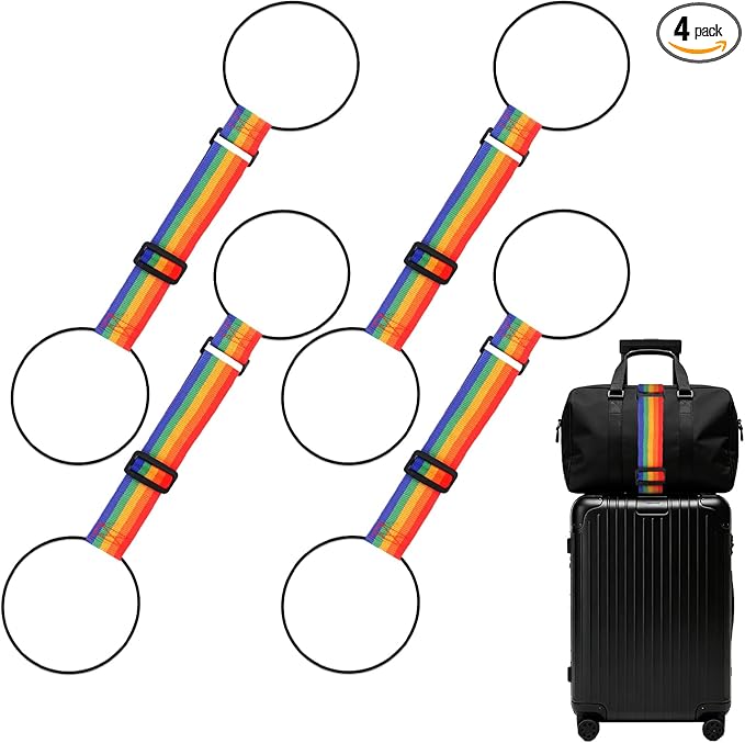 Luggage Connector Straps, Adjustable Elastic Durable Straps for Connecting Luggage Bags to Suitcases, Hands-Free Travel Essential (4PCS Rainbow)