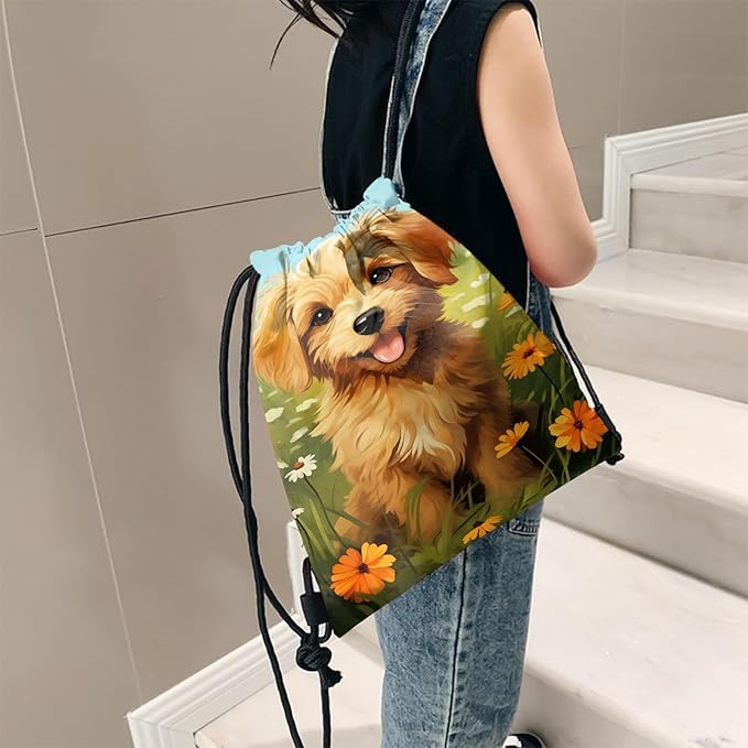 Drawstring Backpack for String Bag Waterproof Cute Sports Beach Swimming Travel (13"×17")-Dog