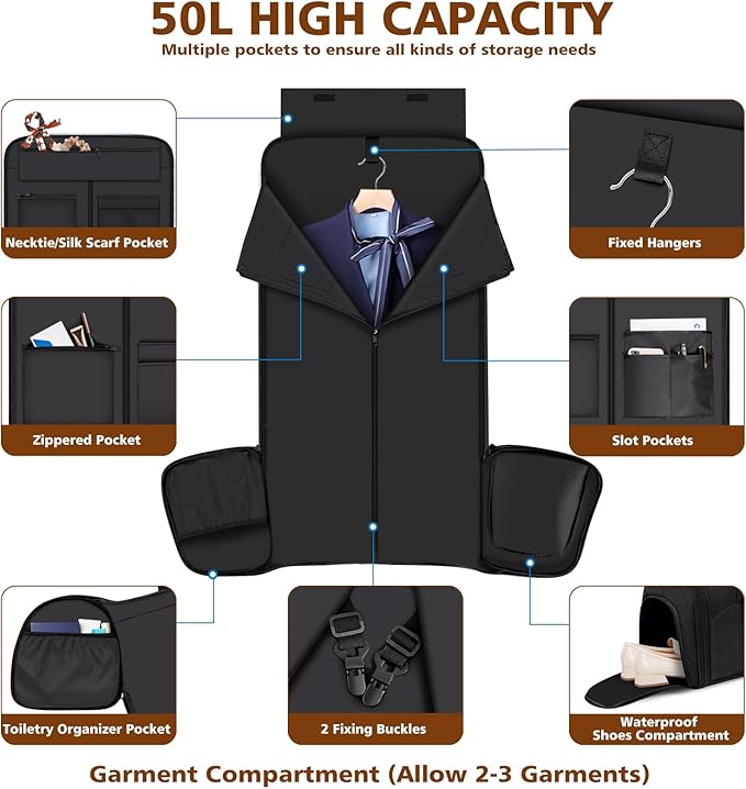 Convertible Garment Bags for Travel - Carry on Garment Duffle Bag with Backpack Straps for Men Women, 4 in 1 Large Travel Duffel Bags with Shoes Compartment Hanging Suit Dress Weekender Bag 3pcs Set