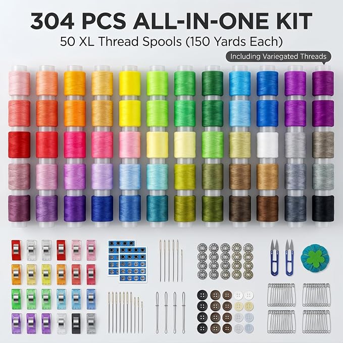 Forypretty Sewing Kit for Adults, 304 PCS Needle and Thread Kit with Tailor Scissors and Accessories, 50 XL Thread Spools, Travel Sewing Kit for Beginners, Oxford Cloth, Gift for Mom Grandma