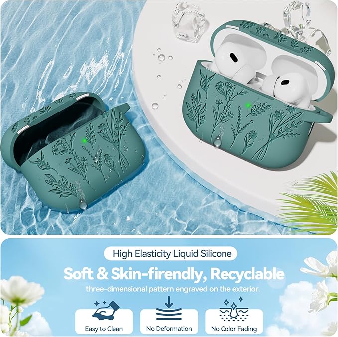 for AirPods Pro 2 Case with Magnetic Lid, Ekoonpft Flower Engraved Silicone Case for Apple AirPods Pro 2nd/1st Generation (2023/2022/2019) Cover with Cleaning Kit & Keychain