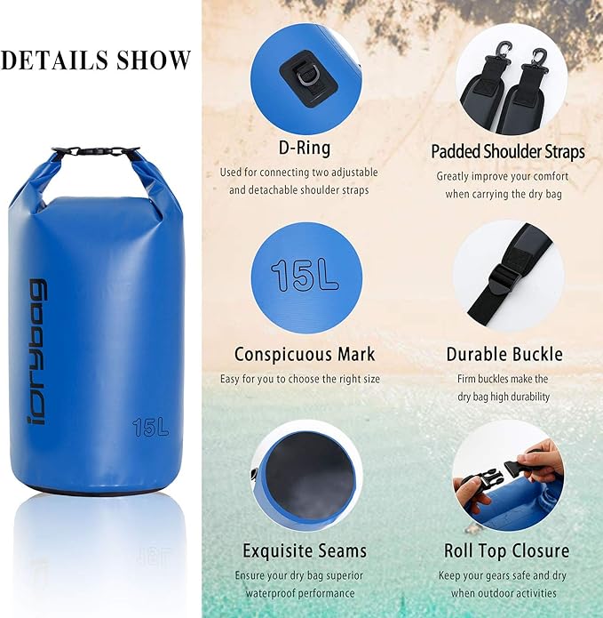 IDRYBAG Dry Bag for Kayaking Waterproof 2L/5L/10L/15L/20L, Small Dry Sack Waterproof Bag for Boating