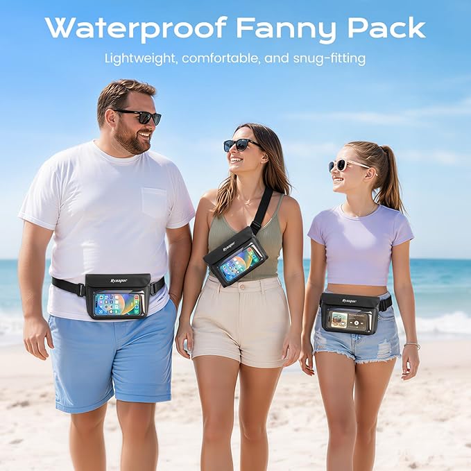 Rynapac 2 Pack Waterproof Fanny Pack for Woman Man, IPX8 Swimming Dry Belt Bag, Passport Wallet Phone Pouch Double Space, Elastic Waistband, Beach Cruise Vocation Essentials 2026