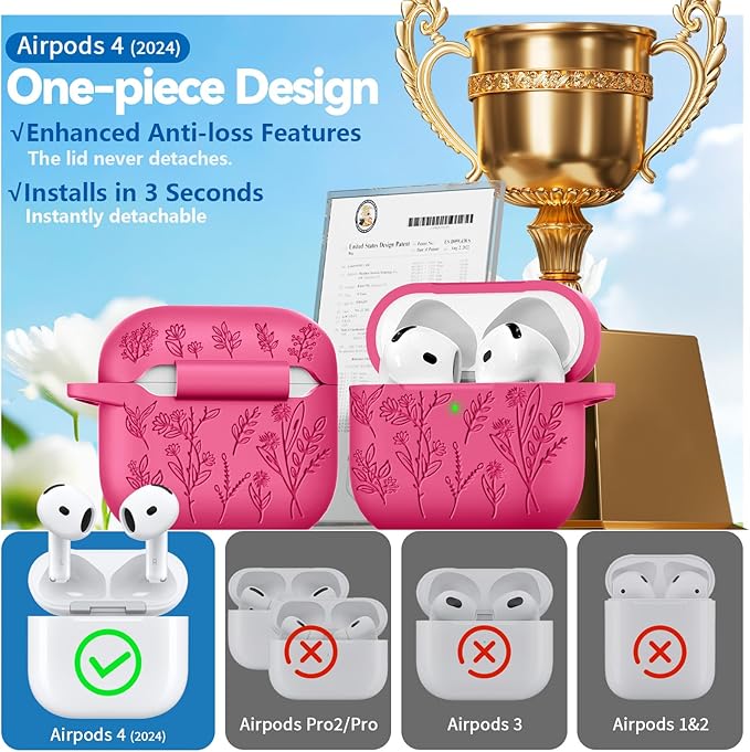 for Airpods 4 Case, Ekoonpft Flower Engraved Cases for Apple AirPods 4th Generation 2024, Soft Silicone Cover for Women Girly with 3-in-1 Cleaning Kit & Keychain, Anti-Scratch, Shockproof, Garnet Red