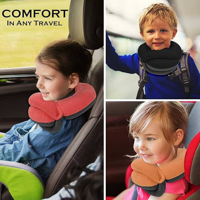 BUYUE Kids Travel Pillows for Airplane, Memory Foam 360° Head Support Sleeping Essentials for Girls Long Flight, Skin-Friendly Soft Neck Pillow for Traveling in Car Seat, (Small, Pink Grey, 40-90 lbs)
