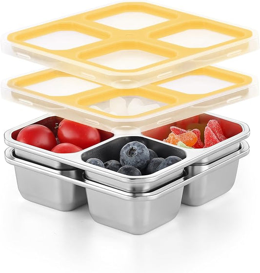 BEFOY 4 Pack Stainless Steel Snack Containers with Lids 4 Compartment Food Storage Containers for Adults & Kids Meal Prep Containers Reusablele (Yellow, 2)
