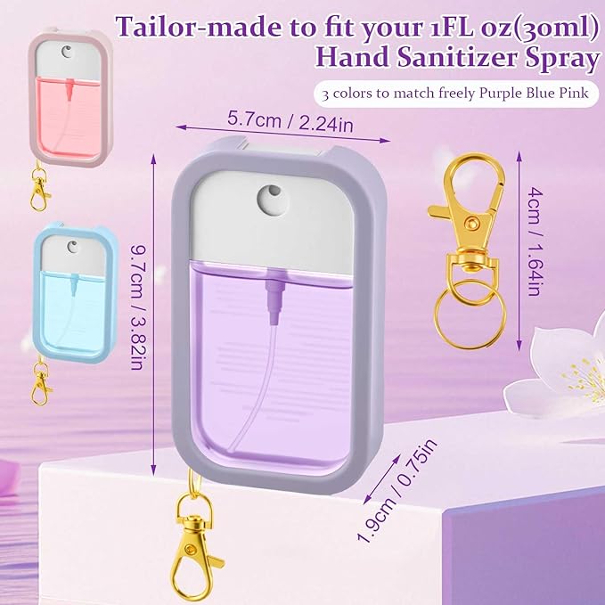 Honeydak 6 Pcs Silicone Case Compatible with Touchland Hand Sanitizer Spray Protective Case with Keychain for Power Mist and Glow Mist 1 Fl oz Hand Sanitizer Spray Accessory (Pink,Blue,Purple)