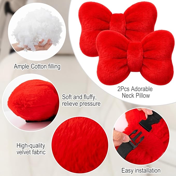 Macarrie 2 Pcs Car Neck Pillow Velvet Bow Headrest Pillow Soft Comfortable Seat Neck Support Cute Bow Car Accessories for Driving Travel Driver Chair Girl Style Interior Decor(Solid,Red)