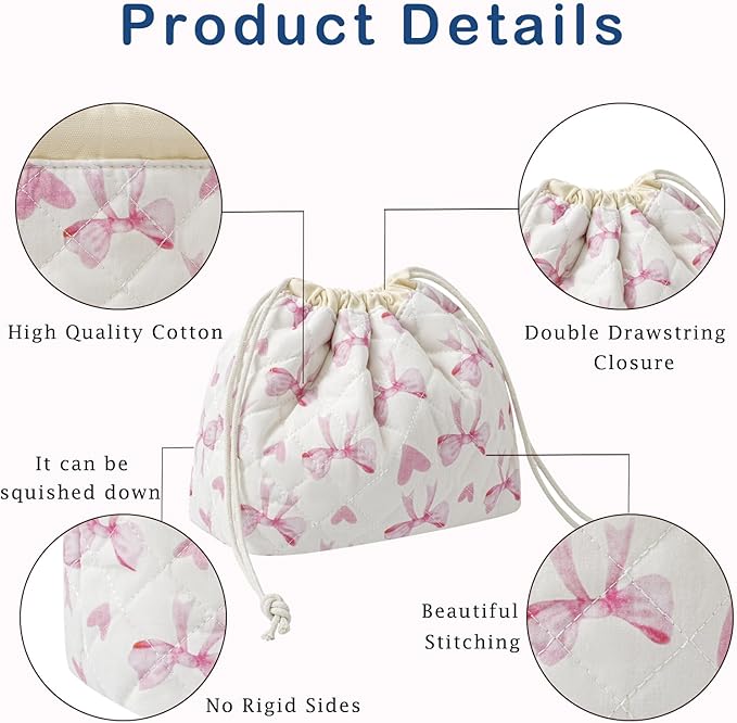 uekeboag Cotton Quilted Drawstring Makeup Bag with Canvas Lining,Coquette Aesthetic Cute Travel Toiletry Bag,Drawstring Gift Bag for Women and Girls（14Heart Bow）
