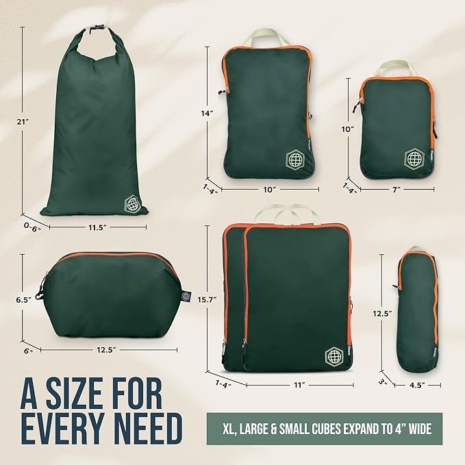 Large Compression Packing Cubes for Travel-Packing Cube Luggage Organizers 7 Piece Set for Checked Luggage-Ultralight, Expandable/Compression Bags by TRIPPED Travel Gear (Green/Orange)