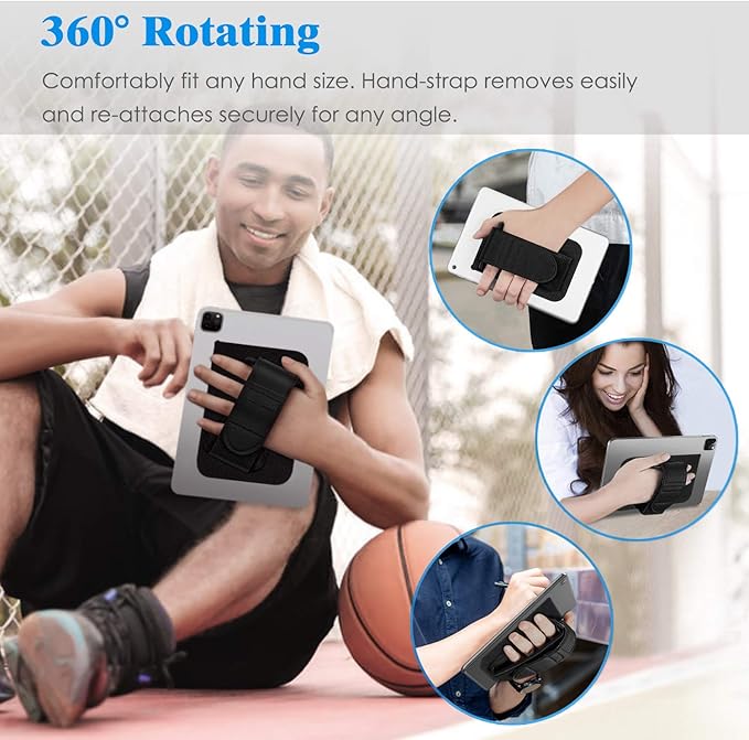 Fintie Universal Tablet Hand Strap Holder - [Dual Stand Supports] Detachable Padded Hook & Loop Fastening Handle Grip with Adhesive Patch for iPad/Galaxy Tab and All 7-11" Tablets, Black