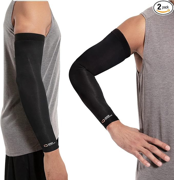 Copper Compression Arm Sleeve - Copper Infused Full Arm Brace for Forearm, Bicep, Triceps - Tennis Elbow, Basketball, Golf, Arthritis, Tendonitis, Bursitis, Post Surgery Rehab - Black - S