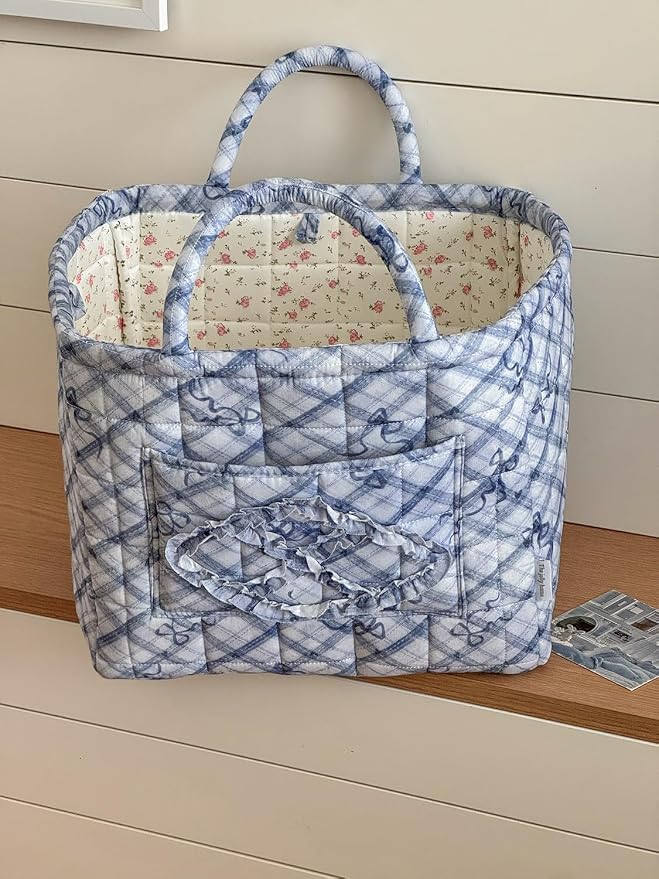 Floral Fabric Storage Basket Car Interior Storage Basket Underwear Sundries Laundry Baskets Supplies Home Organizer Bag (blue bow)