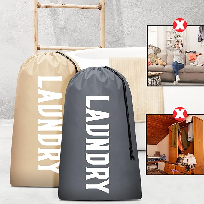 2 Pack XL Travel Laundry Bag, Machine Washable Dirty Clothes Organizer, Large Enough to Hold 4 Loads of Laundry, Easy Fit a Laundry Hamper or Basket (Khaki + Grey)