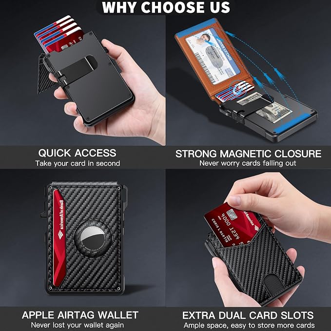Airtag Wallet for Men, Mens Smart Wallet for Air Tag RFID Blocking, Minimalist Bifold Pop Up Aluminum Credit Card Case Holder 12+ Cards with ID Window, Gift for Men, No Airtag Included (Carbon Orange)