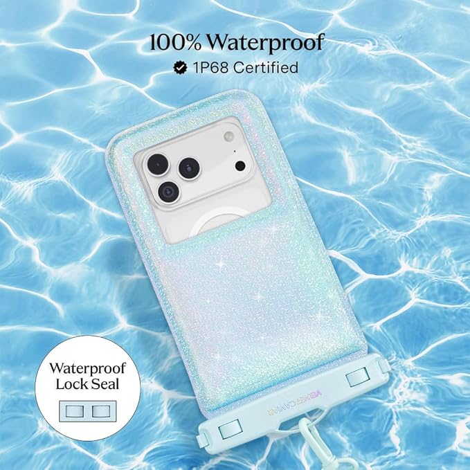 VELVET CAVIAR Waterproof Phone Pouch with Lanyard | IP68 Floating Case for iPhone & All Phones | Dry Bag for Snorkeling, Beach, Kayaking | Travel & Cruise Essentials for Women (Blue Mermaid Glitter)