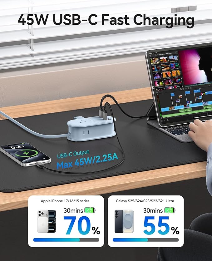 ORICO 45W Power Strip for iPhone 17 and Galaxy S25, 7 in 1 Charging Station with 3AC, 2 USB-A, 2 USB-C, 4ft Thin Extension Cord, Flat Plug Fashion Essential for Cruise Ship/Travel/Home/Dorm - TK45