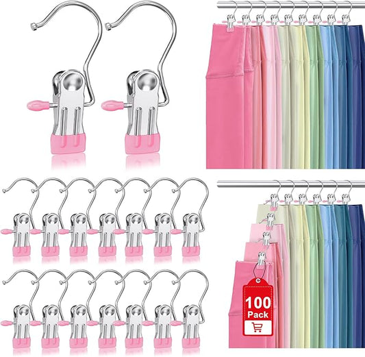 100 Pack Boot Hangers Clips for Closet, Laundry Hooks Hanging Clips Pants Hangers with Clips Legging Organizer Clothes Pins Hanger Clips for Closet Organizer Towel Socks Hats Jeans Home Travel Pink