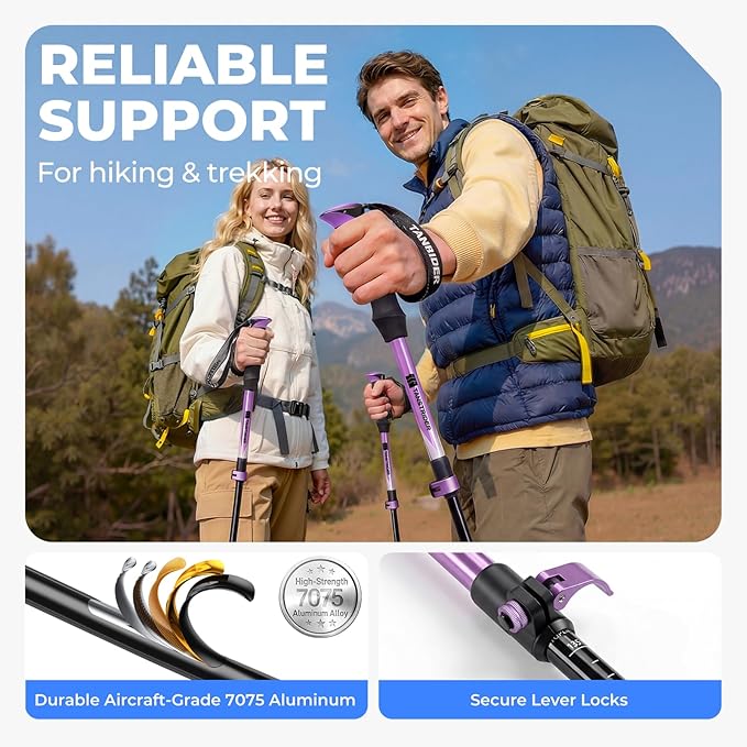 Trekking Poles for Hiking - Collapsible Lightweight 7075 Aluminum Hiking Sticks, 43-53 Inch Adjustable Tri-Fold Walking Poles with Anti-Slip EVA Grip for Men and Women