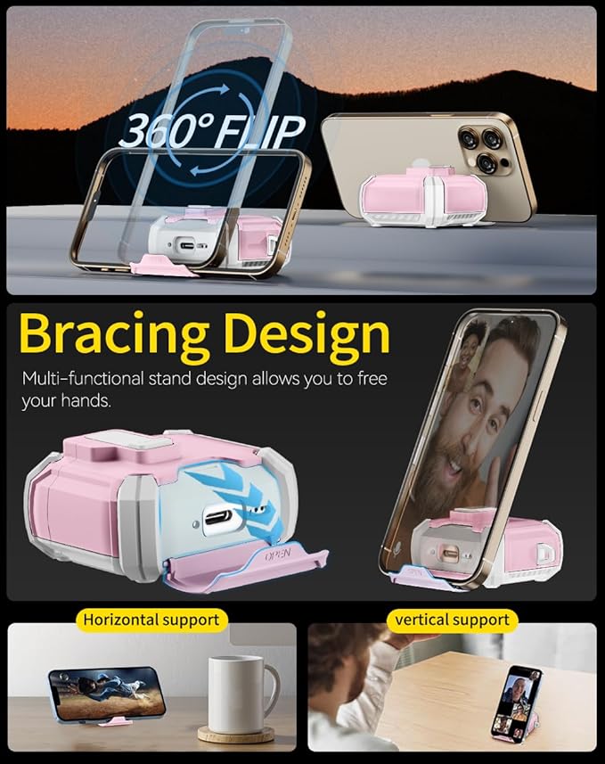 Pohgelan Compatible with AirPods 4 Case,Magnetic Automatic Lock with Phone Stand & Cleaning Kit,Compatible with Magsafe Cover -s-Pink