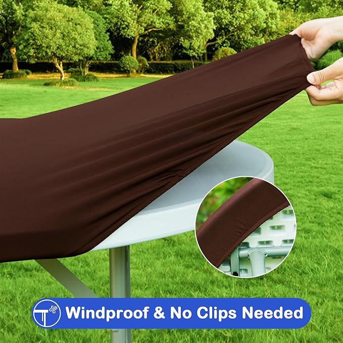 Wolkemer 2 Pack 5 Foot Brown Fitted Tablecloth 60 Inch Round Elastic Edges Table Cloth, Spandex Stretch Table Cover with Machine Washable Fabric for Wedding Party Picnic Dining Indoor Outdoor