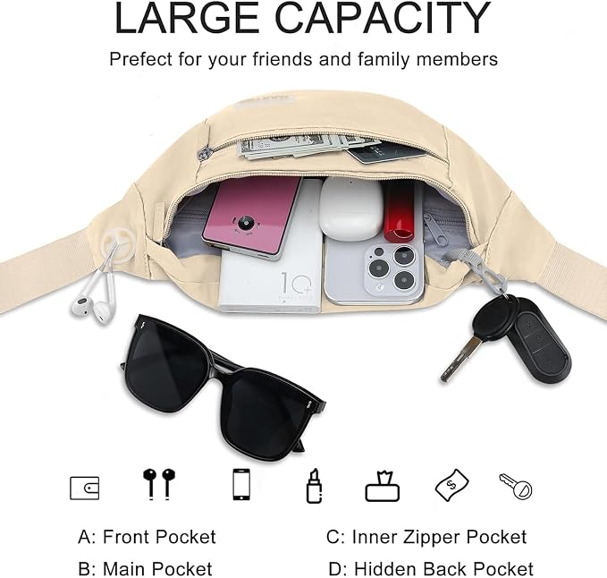 MAXTOP Large Crossbody Fanny Pack with 4-Zipper Pockets,Gifts for Enjoy Sports Festival Workout Traveling Running Casual Hands-Free Wallets Waist Pack Phone Bag Carrying All Phones