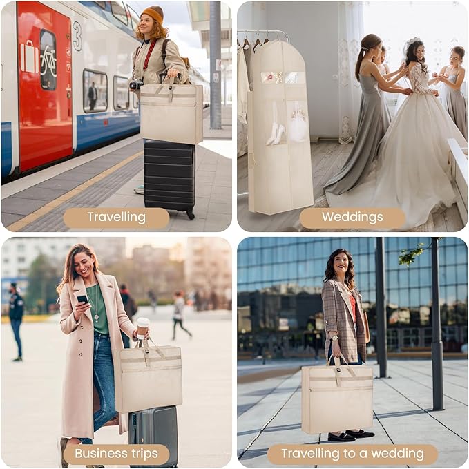Wedding Dress Garment Bag,72’ Tri-Fold Bridal Gown Bag with 12 Pouches and Adjustable Buckle Gown Cover for Wedding/Prom/Travel/Closet Storage (2pcs Beige)