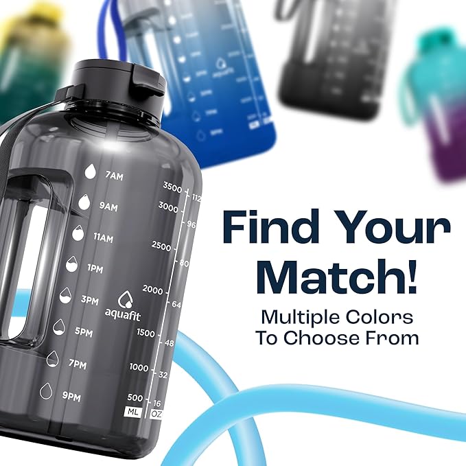 AQUAFIT 1 Gallon Water Bottle with Time Marker - Straw & Chug Lid - BPA Free Gym Water Bottle with Straw - Big Gallon Jug (Midnight Gray, 128 oz - 2 Lids)