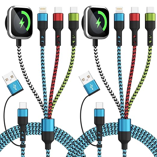 Travel Essentials,USB A/C 4 in 2 Multi Charging Cable for i Watch Charger/Type C Charger/IP Port,Travel Chargers for Multiple Devices, Portable Designed for iWatch &iPhone 17-8 (2, Blue&Black, 5FT)