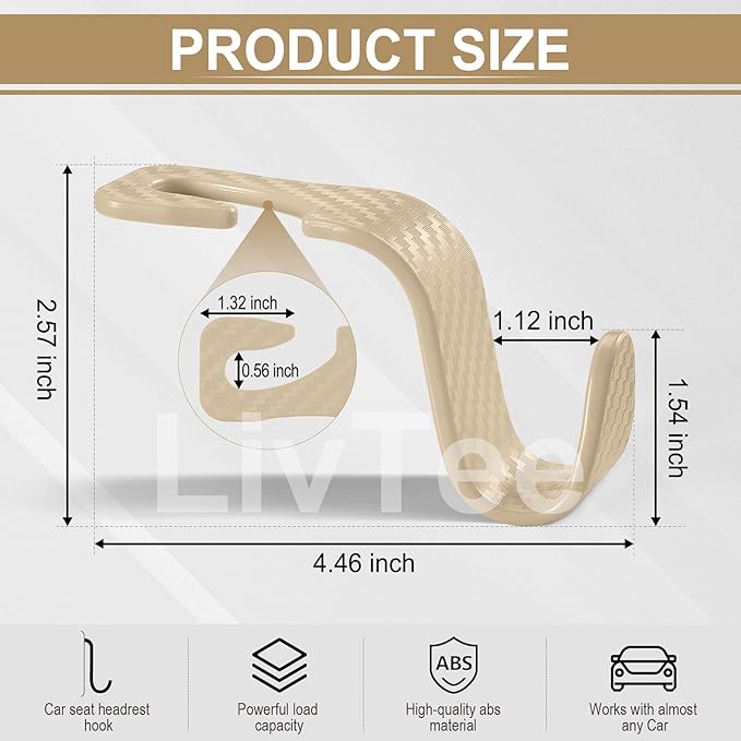 LivTee Car Purse Hook, Headrest Hook for Car, 4 Pack Universal Auto Car Seat Headrest Hook Hangers Organizer for Purse Coat Umbrellas Grocery Bags Handbag, Car Accessories - Carbon Fiber Beige