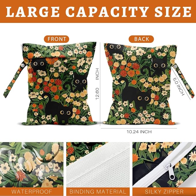Black Cat Floral Wet Dry Bags Reusable Waterproof Wet Bags Swimsuit Bag Diaper Pouch for Travel Beach Gym Cat Gifts for Women Friend Travelers 10 x 13 Inches