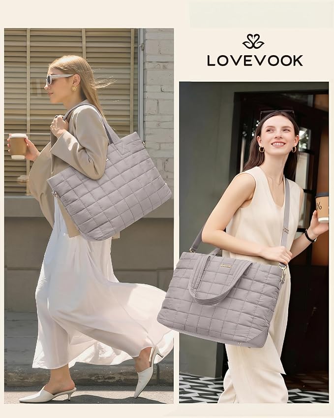 LOVEVOOK Laptop Tote Bag for Women, 15.6 Inch Large Puffer Work Computer Tote Bags for Teacher Nurse, Quilted Women's Purse Tote Shoulder Handbags with Zipper for Travel College Office Gym, Sandy