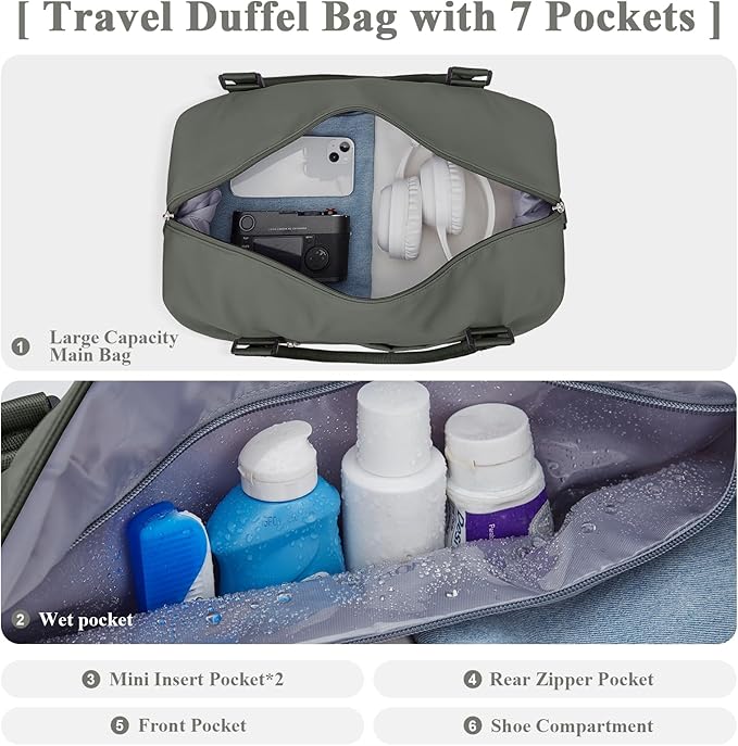 Travel Duffel Bag with Shoes Compartment, Carry-On Overnight Weekender Bags for Women, For Spirit Airlines 18x14x8 Personal Item Bag