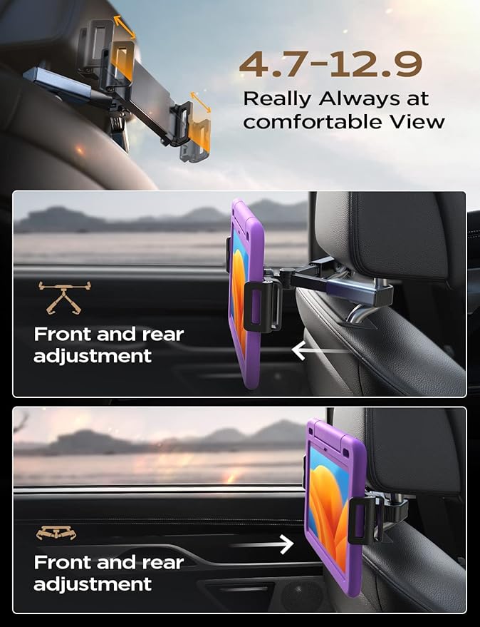 LISEN iPad Car Holder Back Seat Headrest Tablet Holder, Road Trip Essentials Accessories for Women Men Kids Gifts, for Fire HD 2026 iPad Pro 11/13" Air Mini, iPhone, Galaxy Tab, 4.7-12.9" Devices
