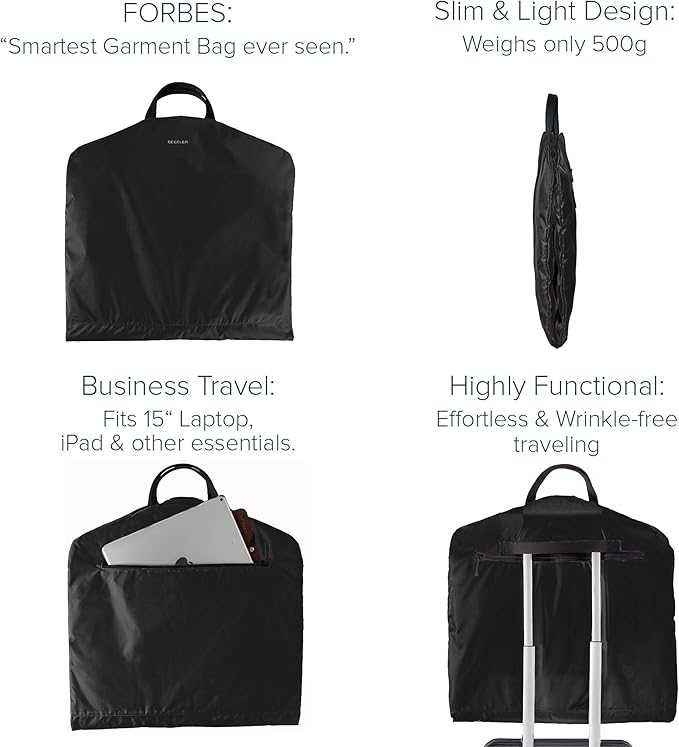 SkyHanger - Carry on Garment Bag with unique Titanium Suit Hanger for Men & Women - best-in-class functionality for wrinkle-free traveling - lightweight & water repellent nylon - Black