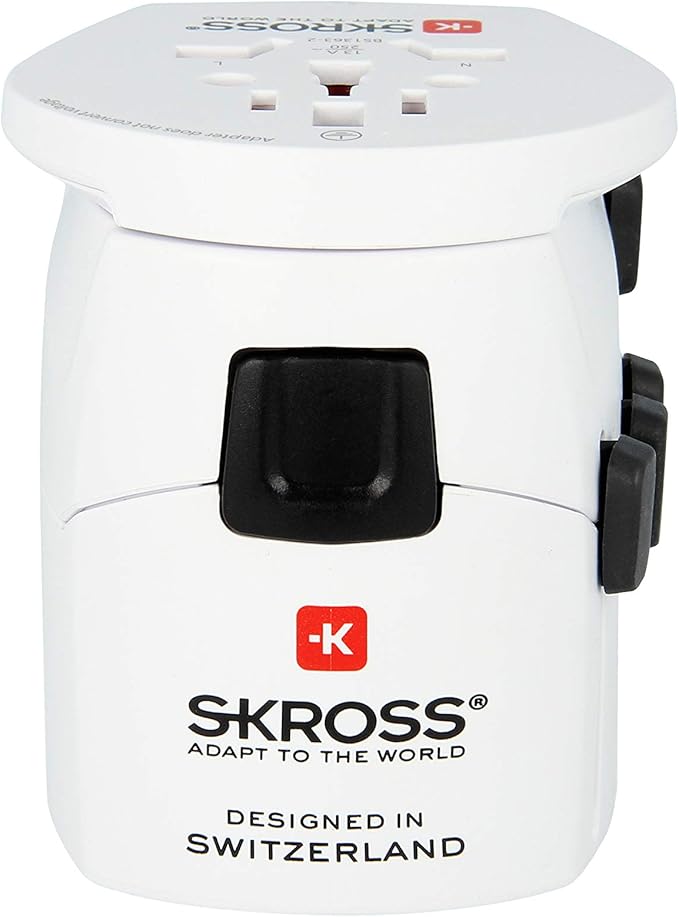 Skross Pro World Travel Adapter, 3-Pole Travel Adaptor with Slide System, Designed in Switzerland for More Than 205 Countries, 1.103175 White