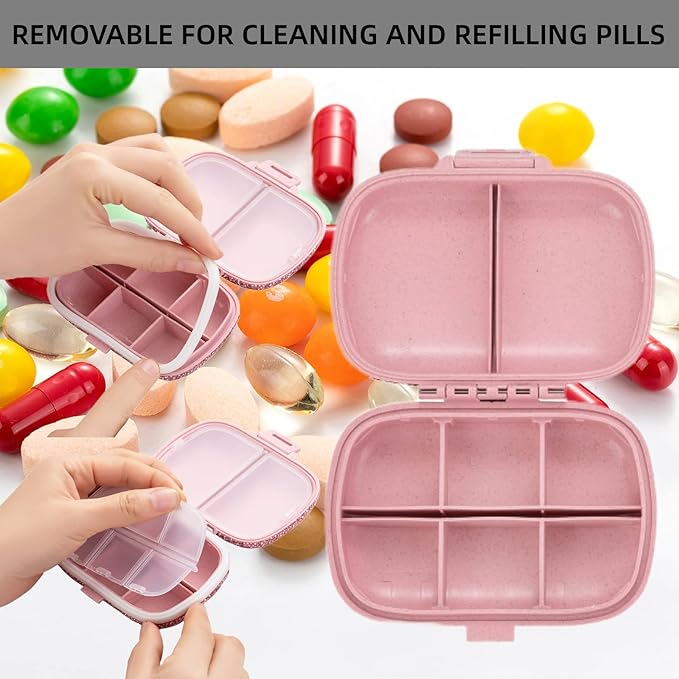 Cute Pill Organizer Small Bling Pill Case for Purse Medicine Vitamin Container Holder Daily Pill Box Container for Women Travel Medicine Kit(Letter C Pink)